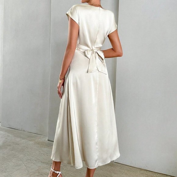 Apricot Casual Womens Solid Criss Cross Front Satin A-line Dress - Picture 2 of 5